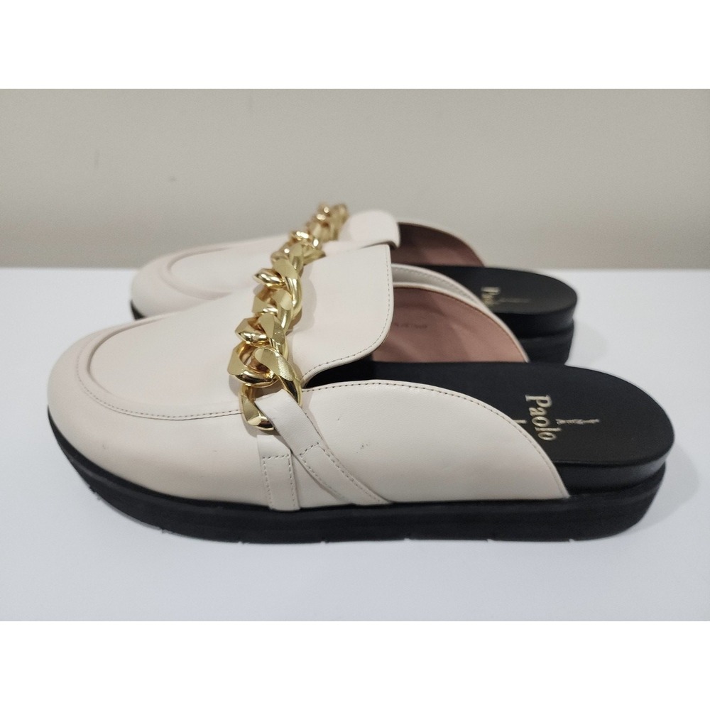 Linea Paolo Roann Womens US 8M Cream Leather Platform Metal Chain Slip On Mules
